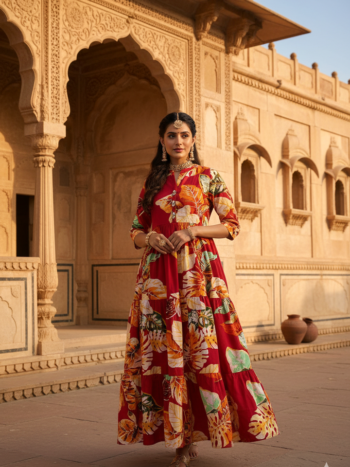 Crimson Tropical Leaf Tiered Cotton Maxi Gown