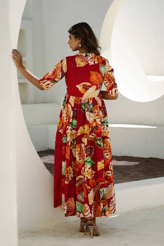 Vibrant Red Floral Maxi Dress with Tropical Patterns | Maxi Dress | Shop stylish women's clothing online at Label Flavia |