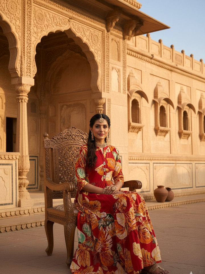 Crimson Tropical Leaf Tiered Cotton Maxi Gown