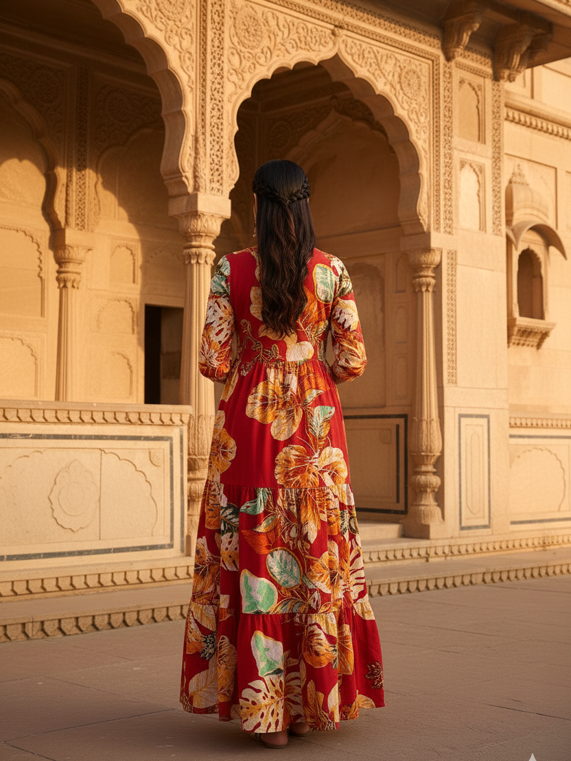 Crimson Tropical Leaf Tiered Cotton Maxi Gown