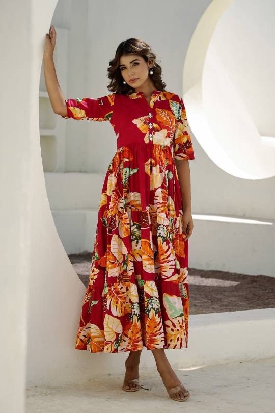 Vibrant Red Floral Maxi Dress with Tropical Patterns | Maxi Dress | Shop stylish women's clothing online at Label Flavia |