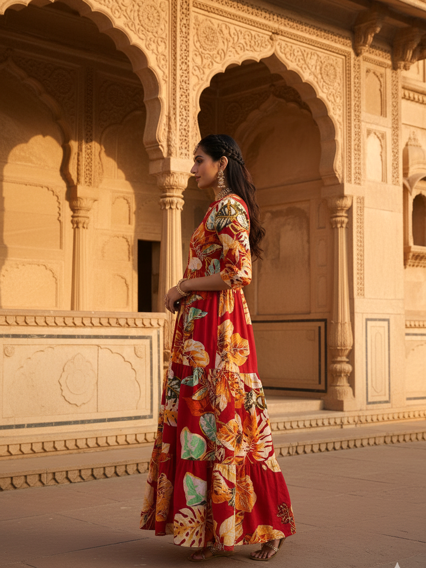 Crimson Tropical Leaf Tiered Cotton Maxi Gown