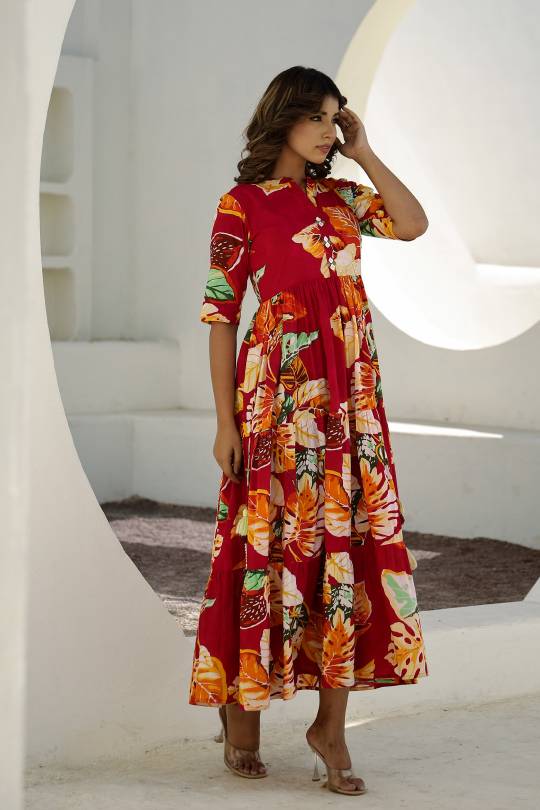 Vibrant Red Floral Maxi Dress with Tropical Patterns | Maxi Dress | Shop stylish women's clothing online at Label Flavia |