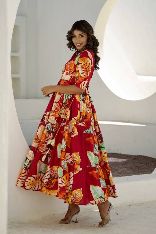 Vibrant Red Floral Maxi Dress with Tropical Patterns | Maxi Dress | Shop stylish women's clothing online at Label Flavia |