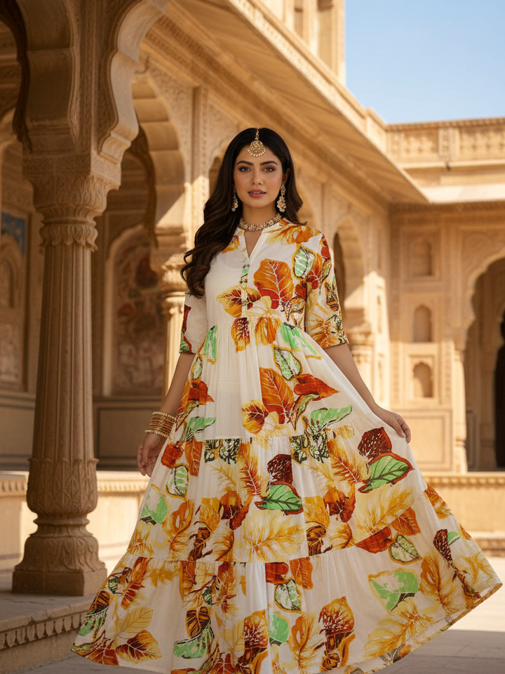 Ivory Autumn Leaf Print Tiered Cotton Maxi