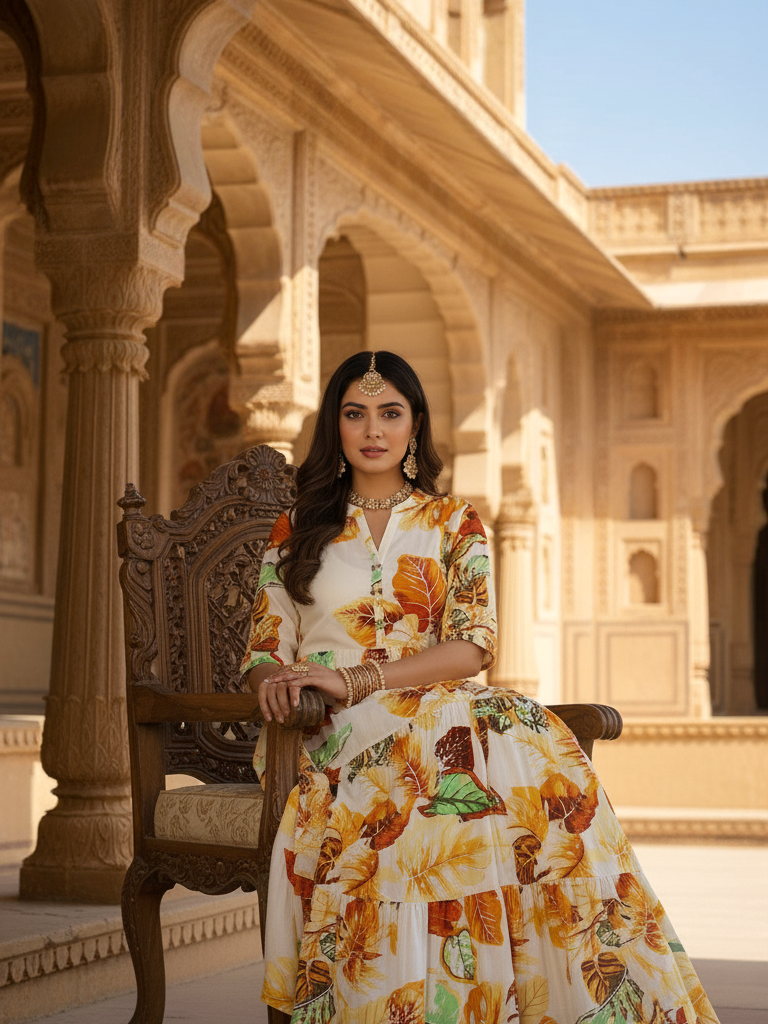 Ivory Autumn Leaf Print Tiered Cotton Maxi