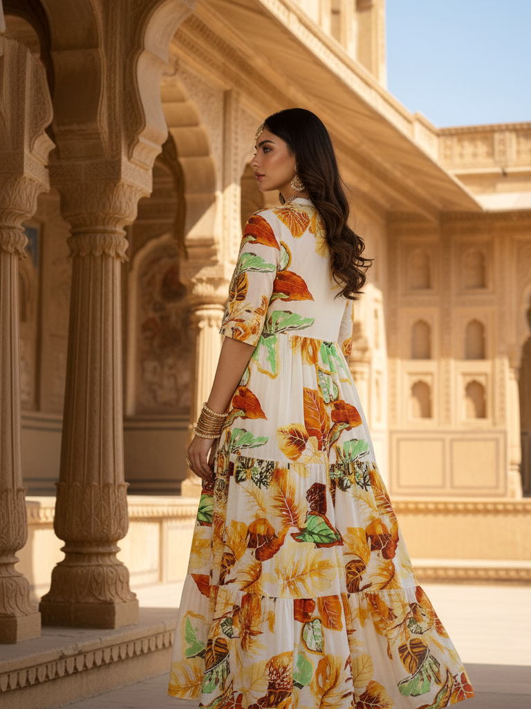 Ivory Autumn Leaf Print Tiered Cotton Maxi