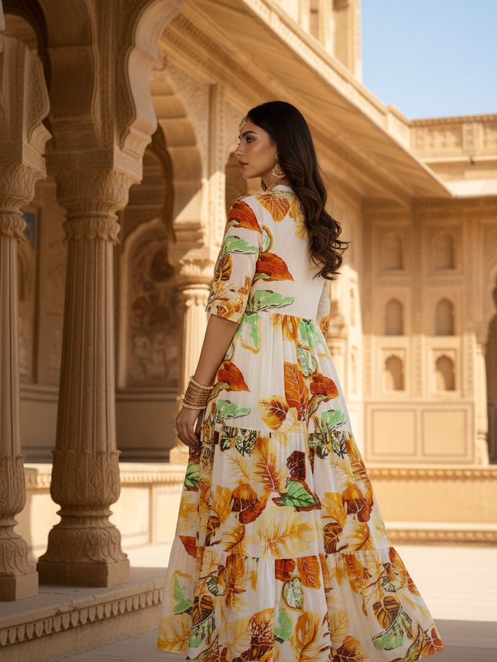 Ivory Autumn Leaf Print Tiered Cotton Maxi