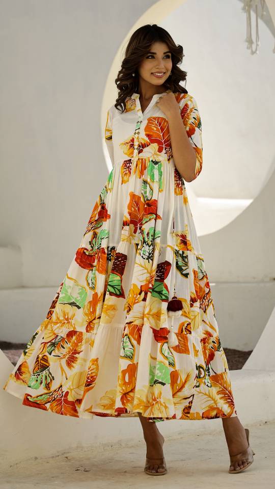 Cream Floral Maxi Dress with Tropical Leaf Patterns - Fresh