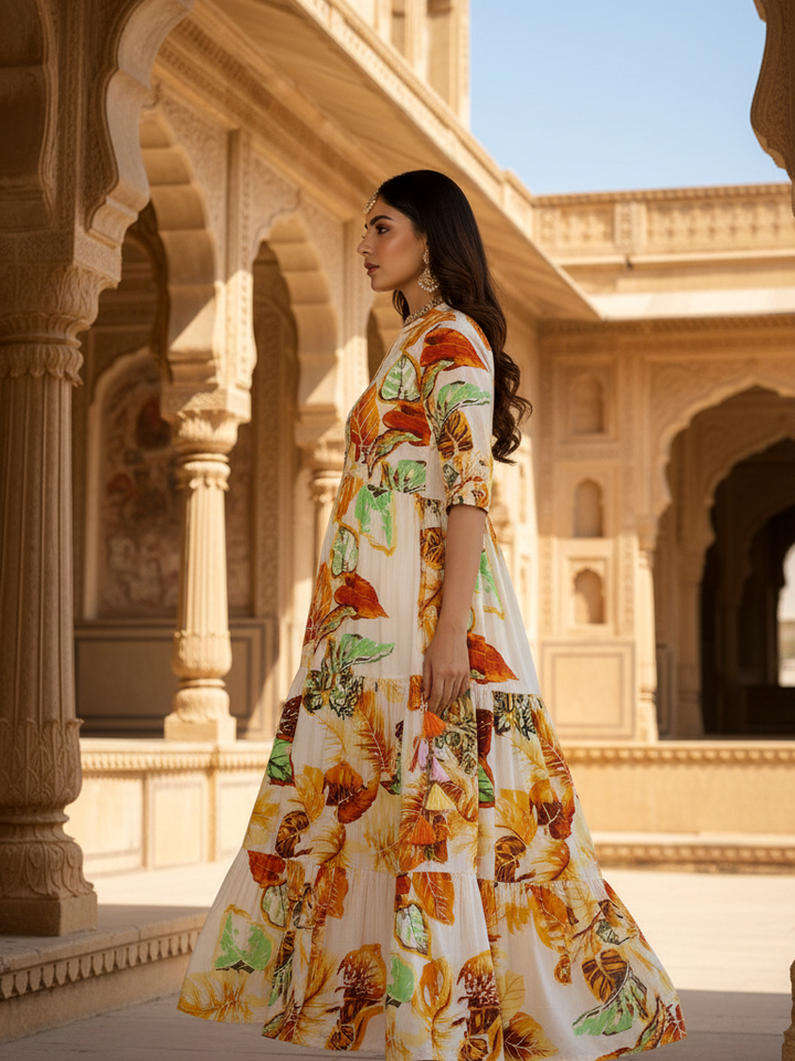 Ivory Autumn Leaf Print Tiered Cotton Maxi