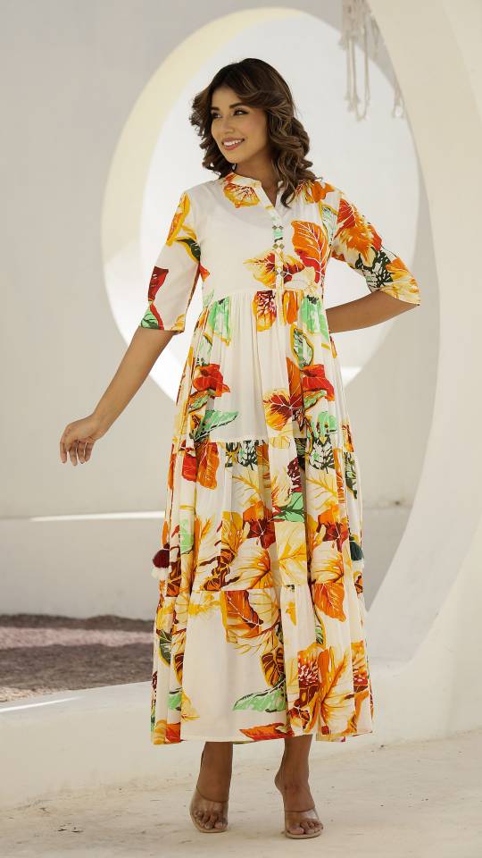 Cream Floral Maxi Dress with Tropical Leaf Patterns | Maxi Dress | Shop stylish women's clothing online at Label Flavia |