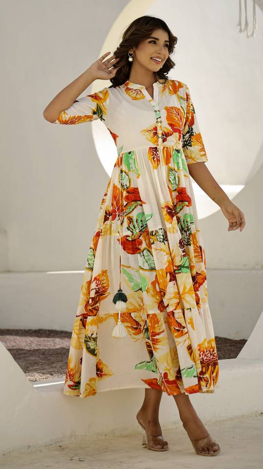 Cream Floral Maxi Dress with Tropical Leaf Patterns | Maxi Dress | Shop stylish women's clothing online at Label Flavia |