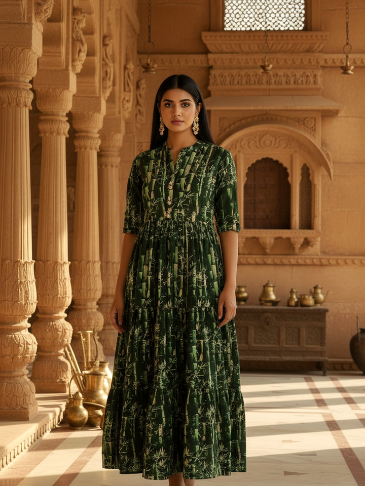 Emerald Bamboo Forest Tiered Cotton Maxi Dress