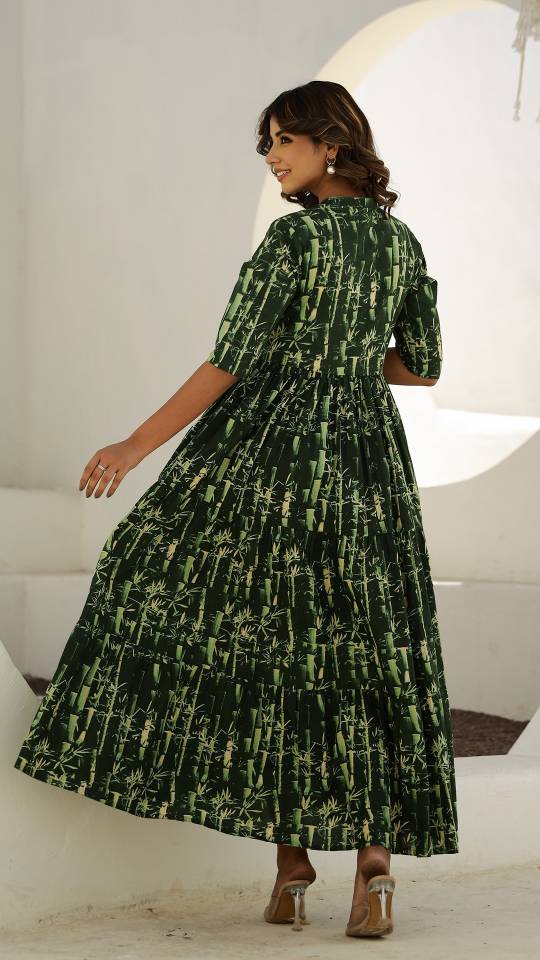 Green Bamboo Print Maxi Dress with Button Detail | Maxi Dress | Shop stylish women's clothing online at Label Flavia |