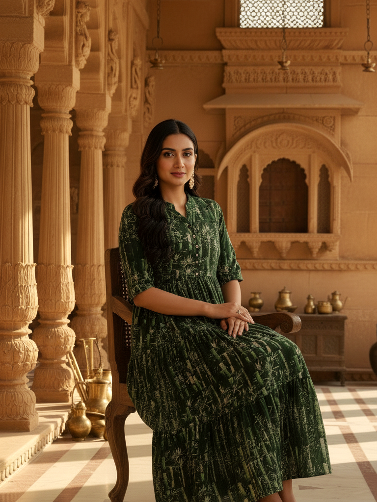 Emerald Bamboo Forest Tiered Cotton Maxi Dress