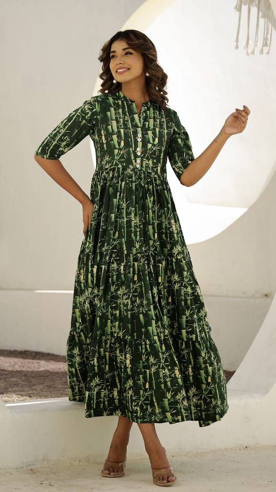 Green Bamboo Print Maxi Dress with Button Detail | Maxi Dress | Shop stylish women's clothing online at Label Flavia |