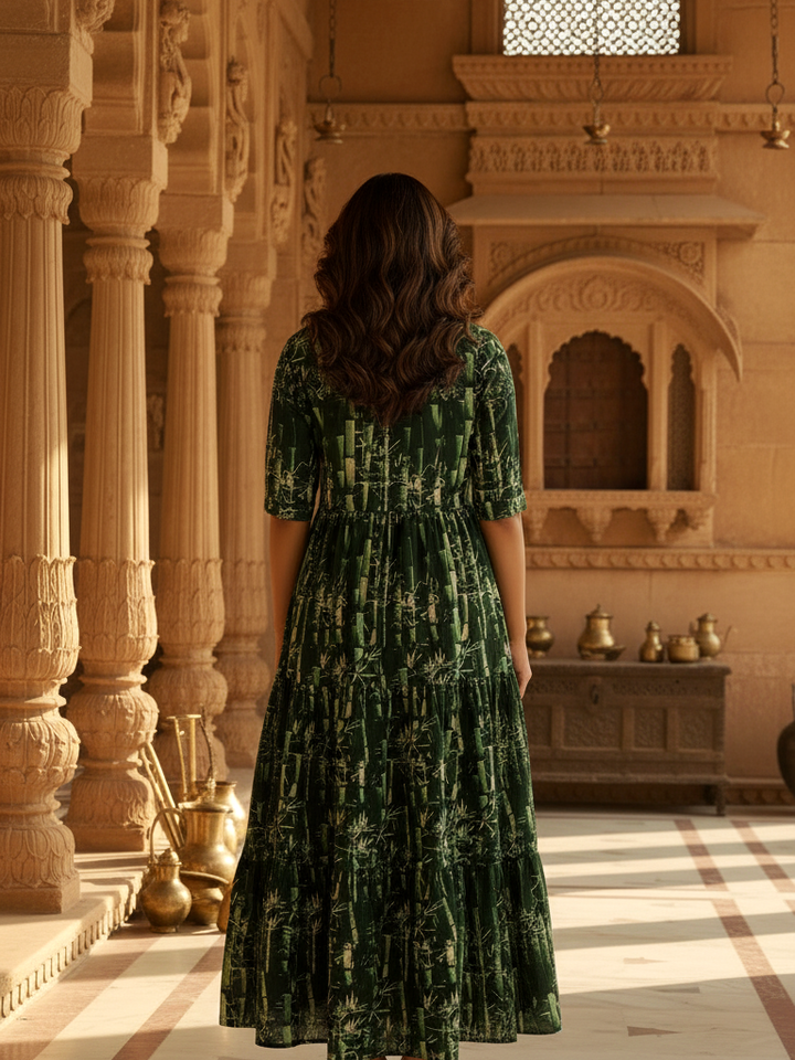 Emerald Bamboo Forest Tiered Cotton Maxi Dress