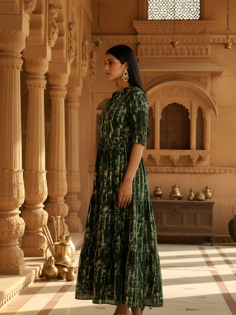 Emerald Bamboo Forest Tiered Cotton Maxi Dress