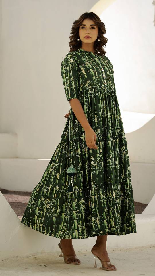 Green Bamboo Print Maxi Dress with Button Detail | Maxi Dress | Shop stylish women's clothing online at Label Flavia |