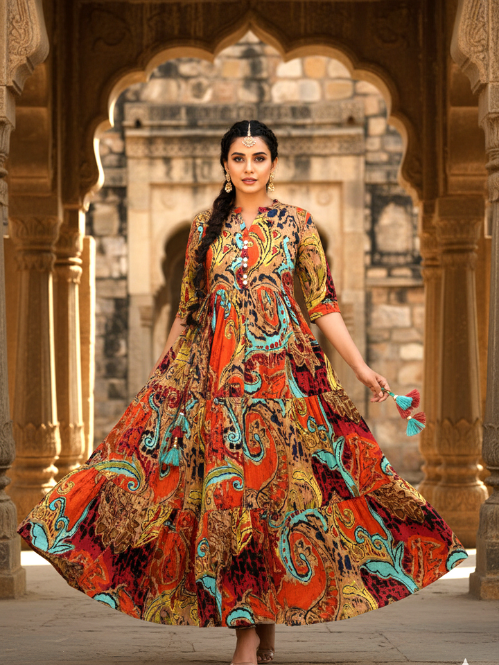 Vibrant Paisley Abstract Tiered Cotton Maxi