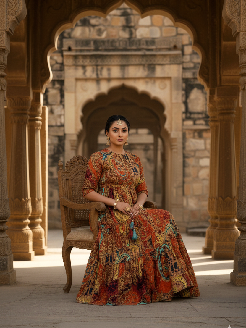 Vibrant Paisley Abstract Tiered Cotton Maxi