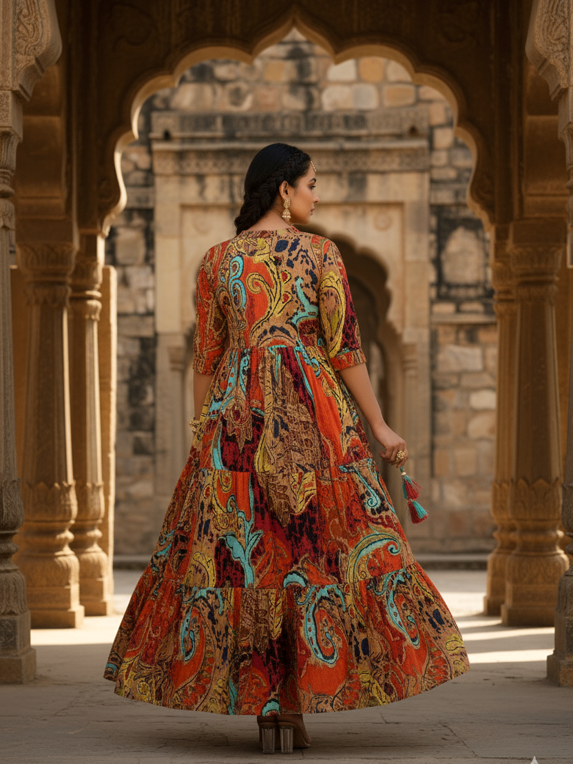 Vibrant Paisley Abstract Tiered Cotton Maxi