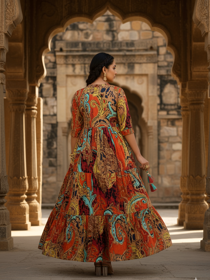 Vibrant Paisley Abstract Tiered Cotton Maxi