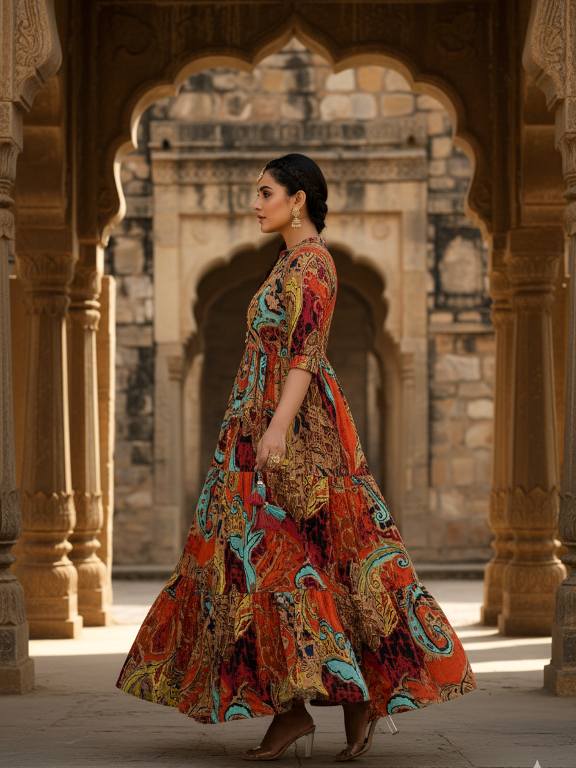 Vibrant Paisley Abstract Tiered Cotton Maxi