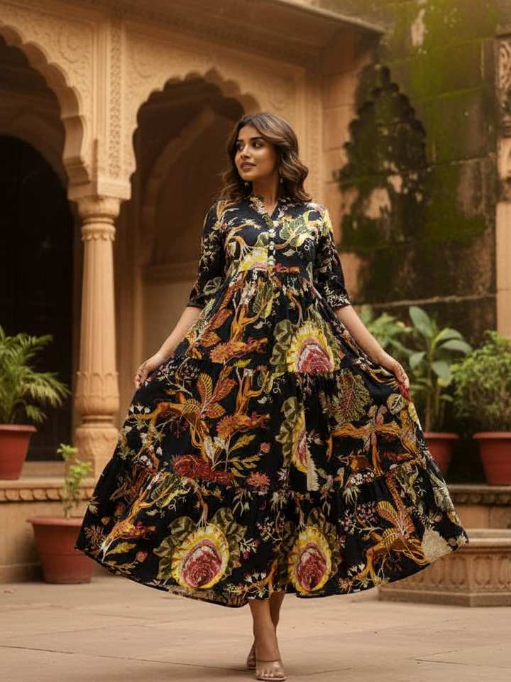 Black Exotic Floral Print Tiered Maxi Dress