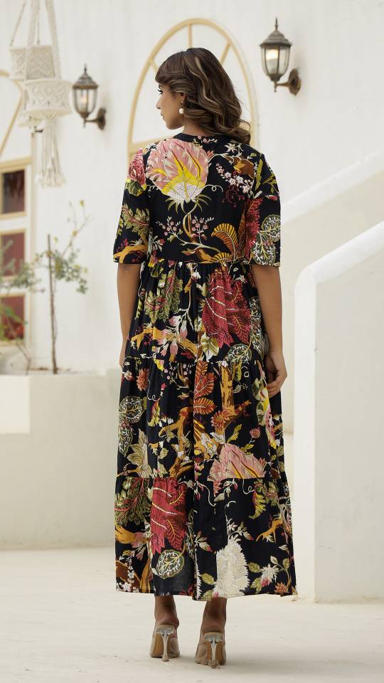 Black Botanical Floral Maxi Dress with Vintage Charm | Maxi Dress | Shop stylish women's clothing online at Label Flavia |