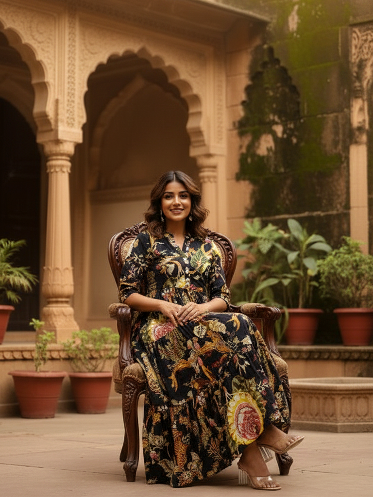 Black Exotic Floral Print Tiered Maxi Dress