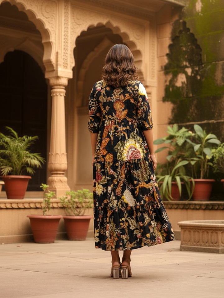 Black Exotic Floral Print Tiered Maxi Dress