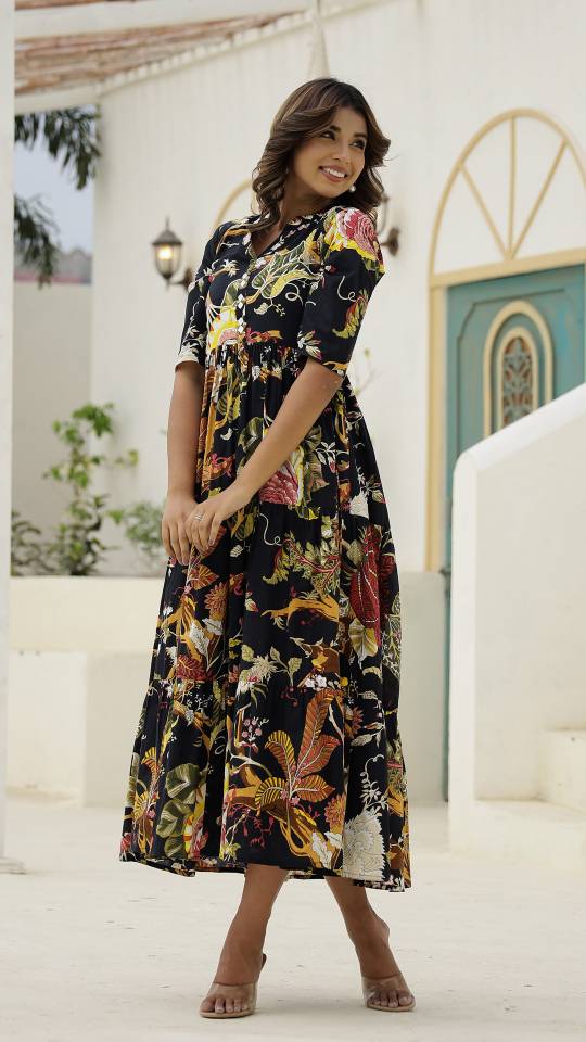 Black Botanical Floral Maxi Dress with Vintage Charm | Maxi Dress | Shop stylish women's clothing online at Label Flavia |