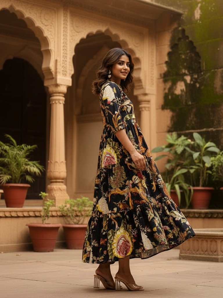 Black Exotic Floral Print Tiered Maxi Dress