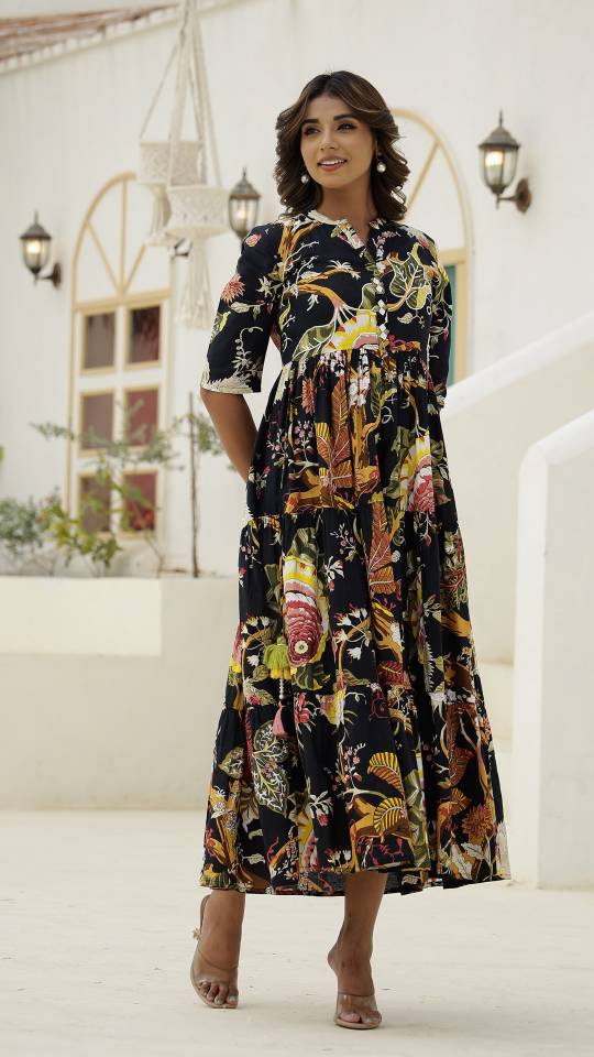 Black Botanical Floral Maxi Dress with Vintage Charm | Maxi Dress | Shop stylish women's clothing online at Label Flavia |