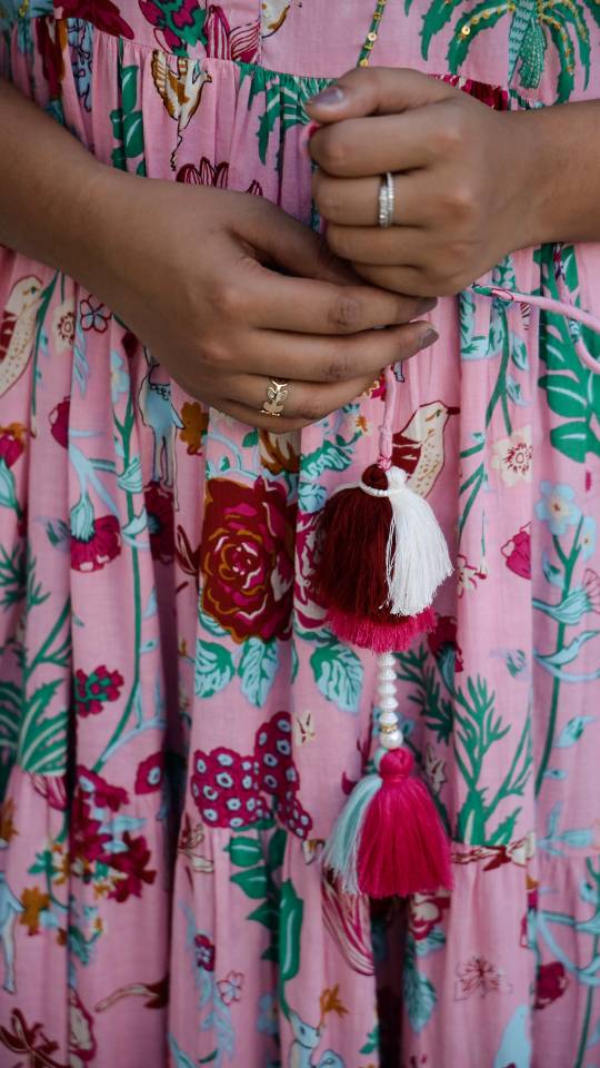 Pink Floral Maxi Dress with Whimsical Garden Print | Maxi Dress | Shop stylish women's clothing online at Label Flavia |