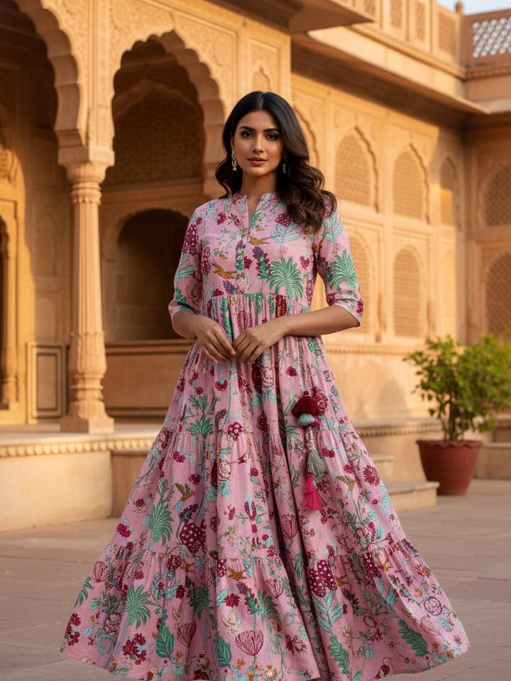 Pink Whimsical Floral Print Tiered Maxi Dress