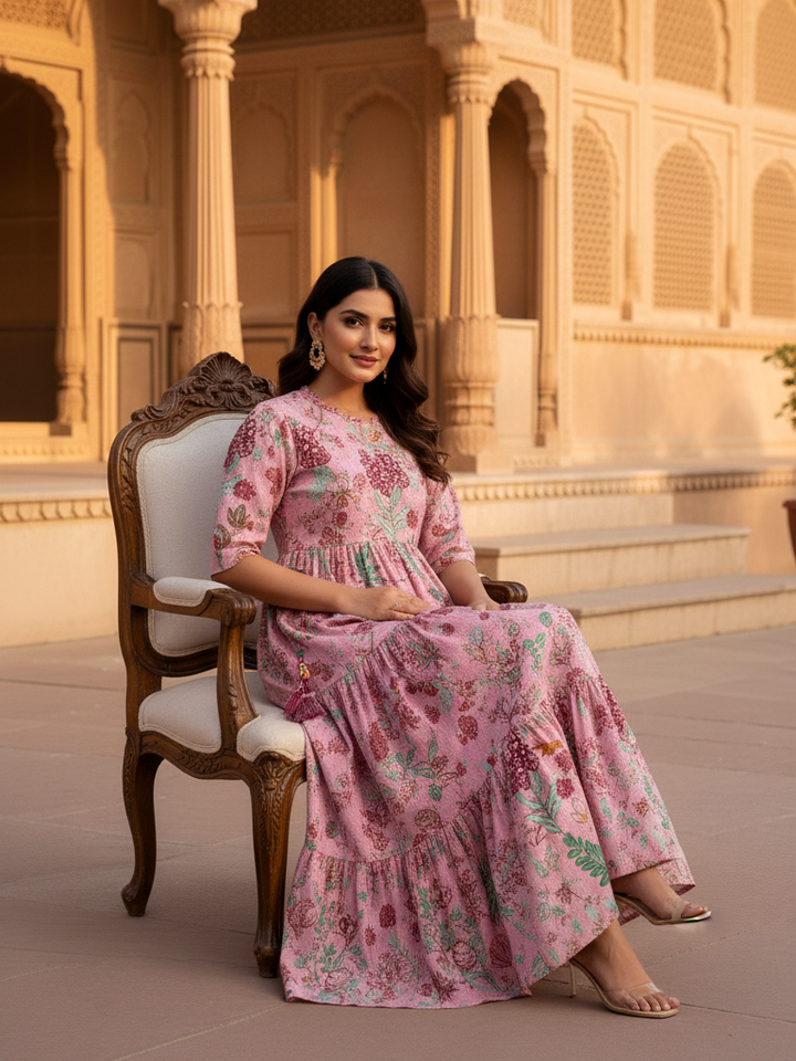 Pink Whimsical Floral Print Tiered Maxi Dress
