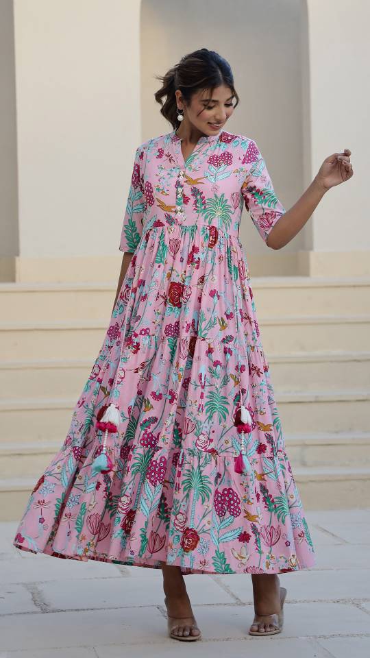 Pink Floral Maxi Dress with Whimsical Garden Print | Maxi Dress | Shop stylish women's clothing online at Label Flavia |