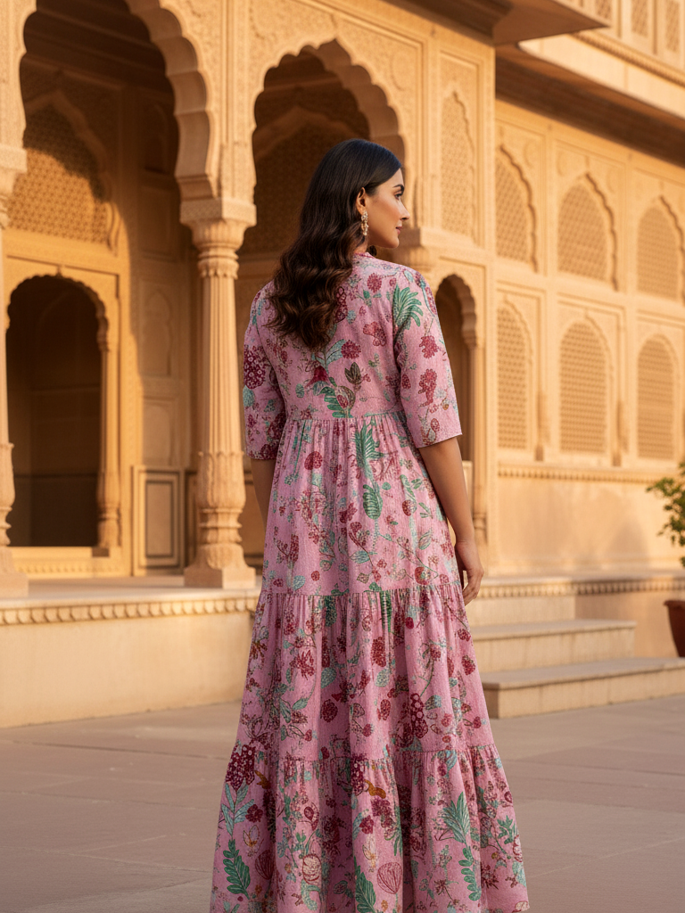 Pink Whimsical Floral Print Tiered Maxi Dress