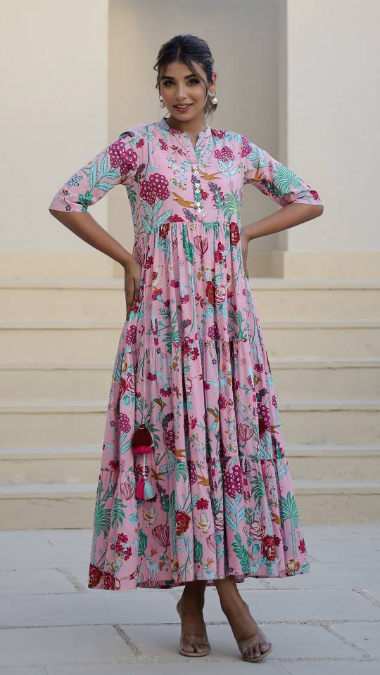 Pink Floral Maxi Dress with Whimsical Garden Print | Maxi Dress | Shop stylish women's clothing online at Label Flavia |