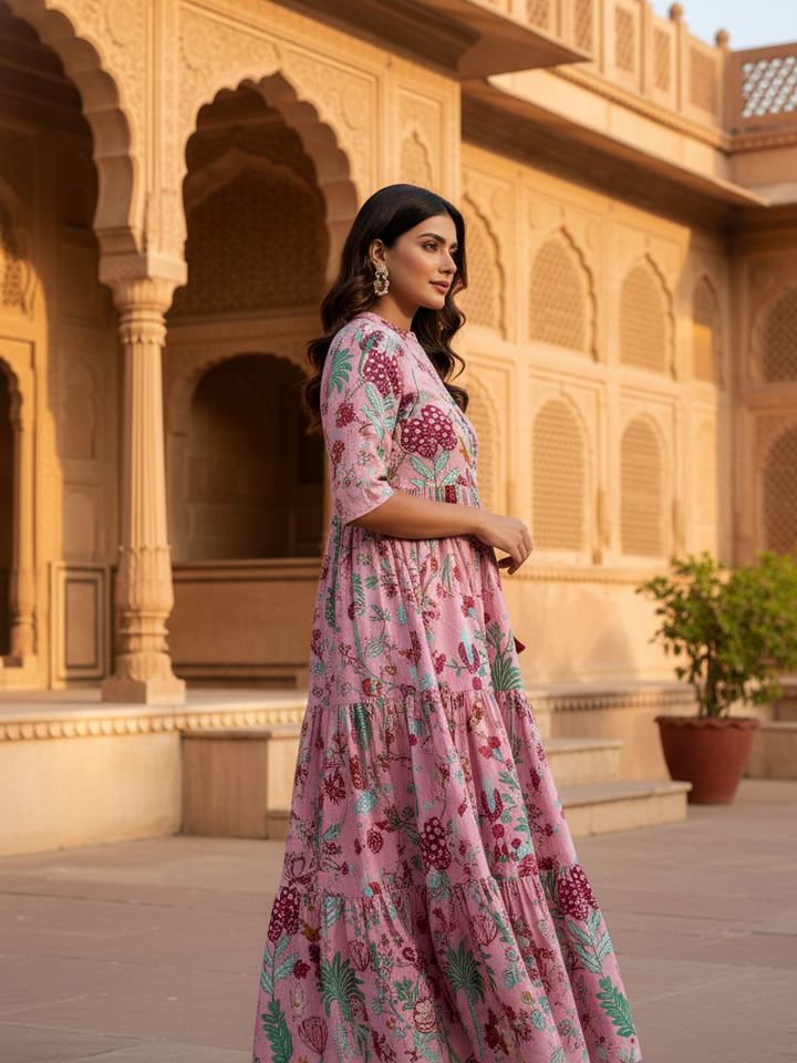 Pink Whimsical Floral Print Tiered Maxi Dress