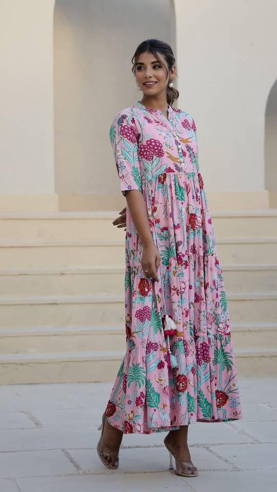 Pink Floral Maxi Dress with Whimsical Garden Print | Maxi Dress | Shop stylish women's clothing online at Label Flavia |