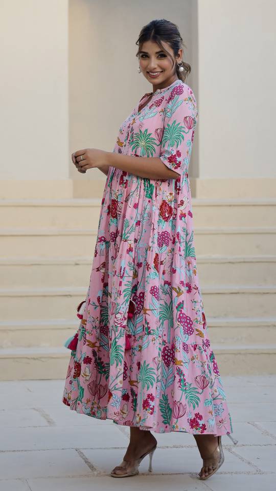 Pink Floral Maxi Dress with Whimsical Garden Print | Maxi Dress | Shop stylish women's clothing online at Label Flavia |