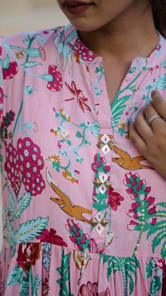 Pink Floral Maxi Dress with Whimsical Garden Print | Maxi Dress | Shop stylish women's clothing online at Label Flavia |