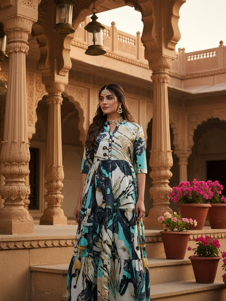 Teal Abstract Print Tiered Cotton Maxi Gown