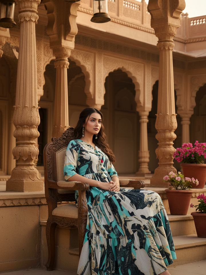 Teal Abstract Print Tiered Cotton Maxi Gown