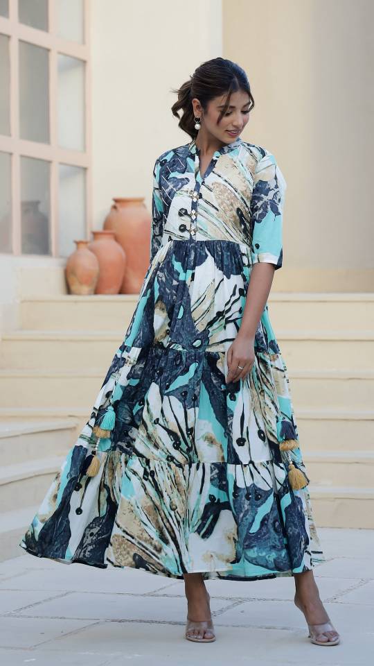 Aqua Abstract Print Maxi Dress with Artistic Flair | Maxi Dress | Shop stylish women's clothing online at Label Flavia |