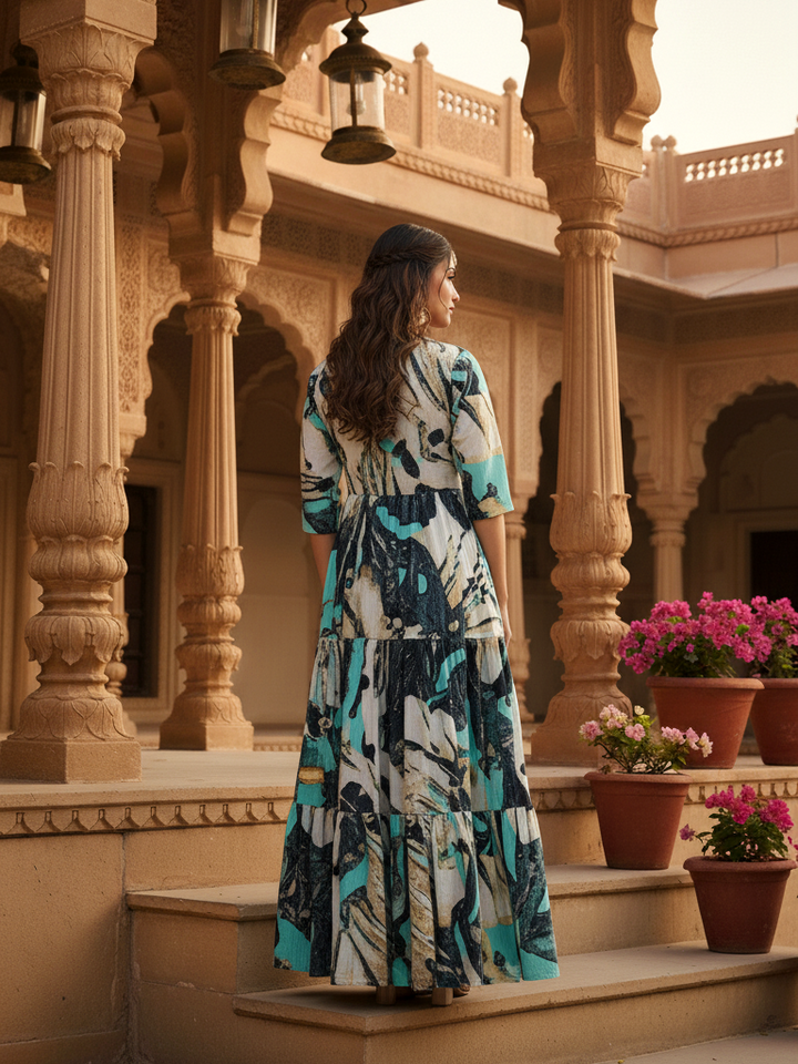 Teal Abstract Print Tiered Cotton Maxi Gown