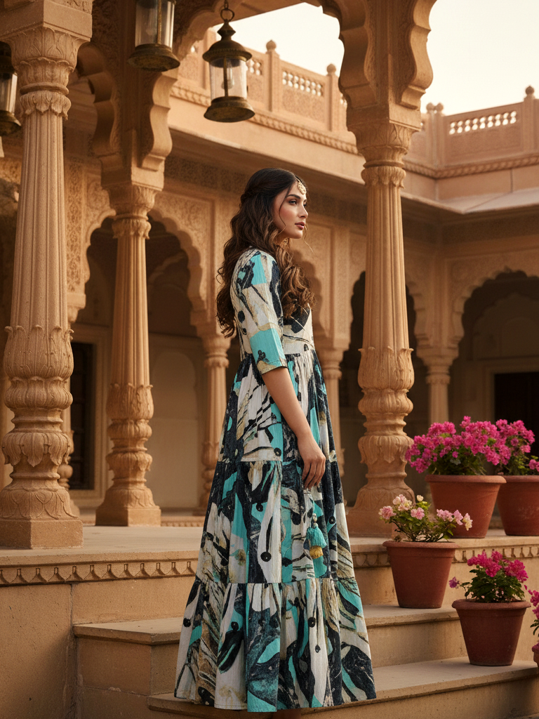 Teal Abstract Print Tiered Cotton Maxi Gown